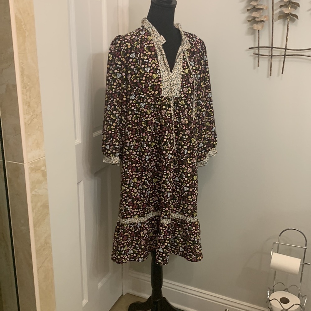 Suzanne Betro dress large black/pink ditsy floral shift.